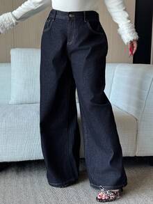 Dazy Plus 深洗蓝色腰带拼布抽绳直筒长牛仔裤，四季皆宜 - 深色水洗藍 - 查看 6