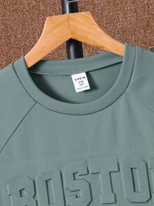 SHEIN Set de 2 piezas de camiseta de cuello redondo con diseño en relieve y pantalones casuales versátiles para niño preadolescente, adecuado para ir al trabajo, la escuela, uso casual diario, deportes, primavera/verano - verde menta - Ver 5