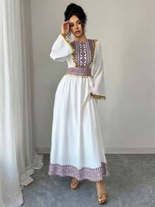 Yasmyna Women's Geometric Print Patchwork Pendant Decor Flare Sleeve Arabic Style Dress - Red and White - View 4