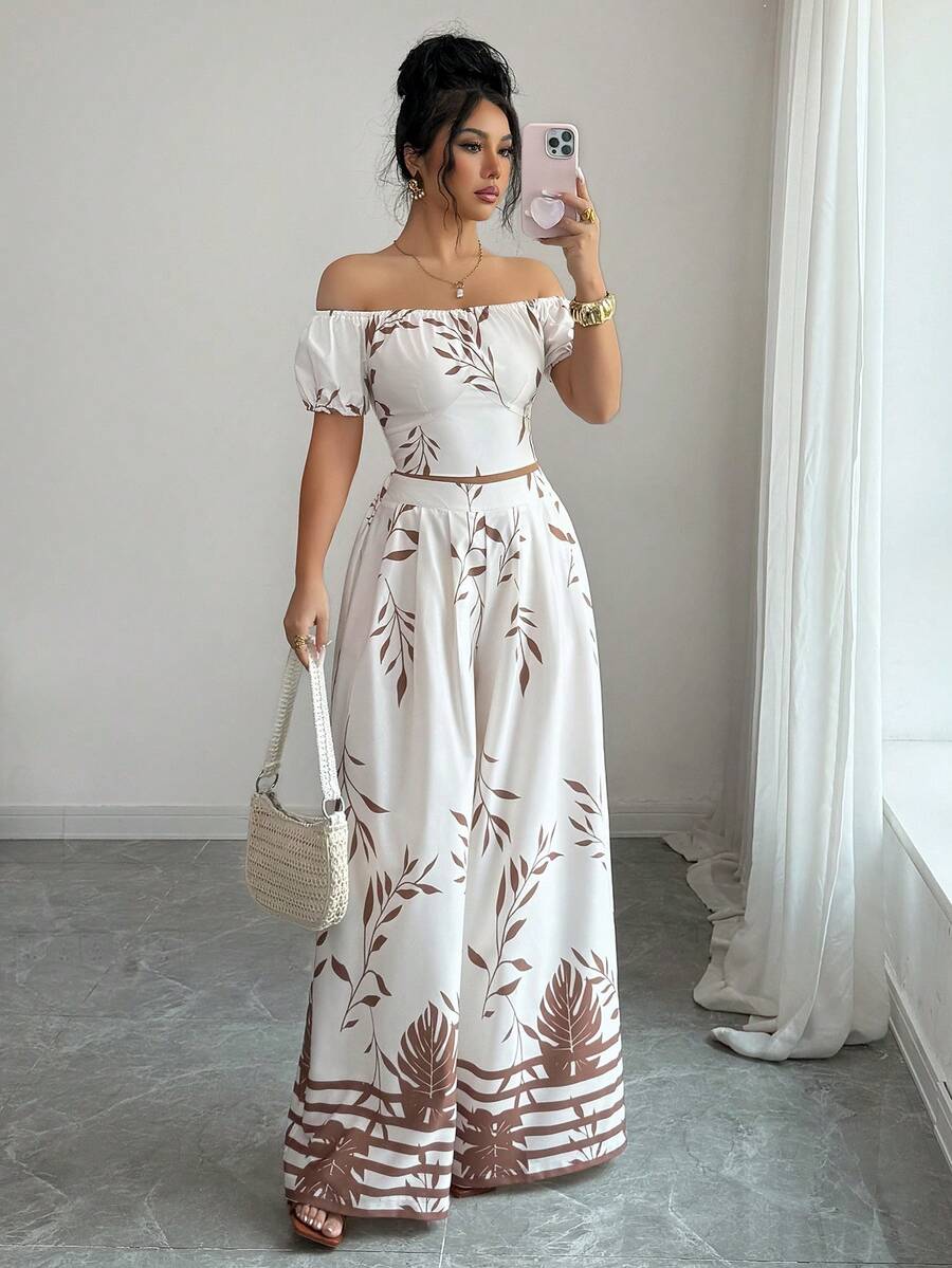 SHEIN Elenzya Bộ đồ 2 món dành cho nữ, họa tiết cây cỏ, gồm áo trễ vai và quần ống rộng. - Màu be - Xem 1