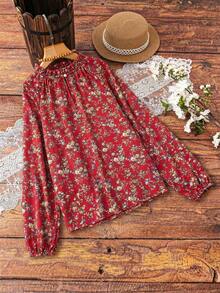 Chiquease Blusa casual de hombros descubiertos con estampado floral diminuto para uso diario - Rojo - Ver 2