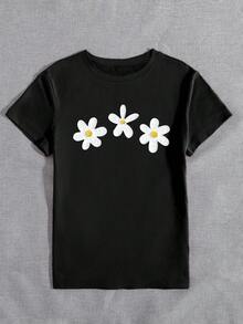 Resyla 舒适多彩雏菊图案T恤，圆领短袖简约百搭休闲女式上衣 - 黑色 - 查看 7