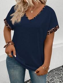 EMERY ROSE Camiseta de talla grande con cuello en V, estampado de leopardo y parches, nueva llegada para primavera/verano para mujer - Azul Marino - Ver 5
