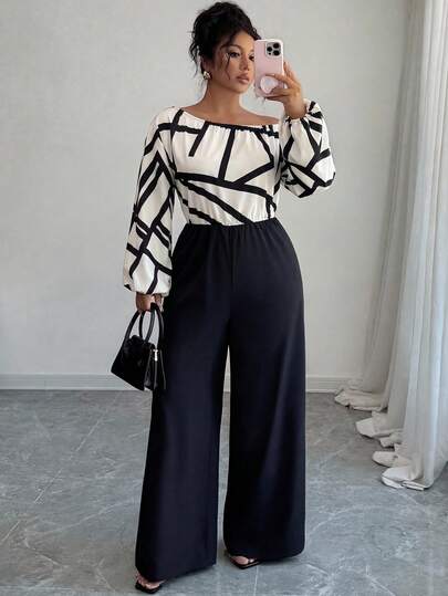 SHEIN Elenzya Mono de mujer con estampado de patchwork y cintura alta, pierna ancha, diseño elegante, versátil y elegante para uso diario y para ir al trabajo.