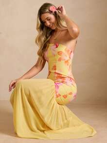 Enchnt Spring/Summer Romantic Women's Yellow Floral Print Strapless Maxi Dress,Sweet&Elegant For Vacation&Date&Holiday&Going Out,Spring Outfit Women - Yellow - View 5