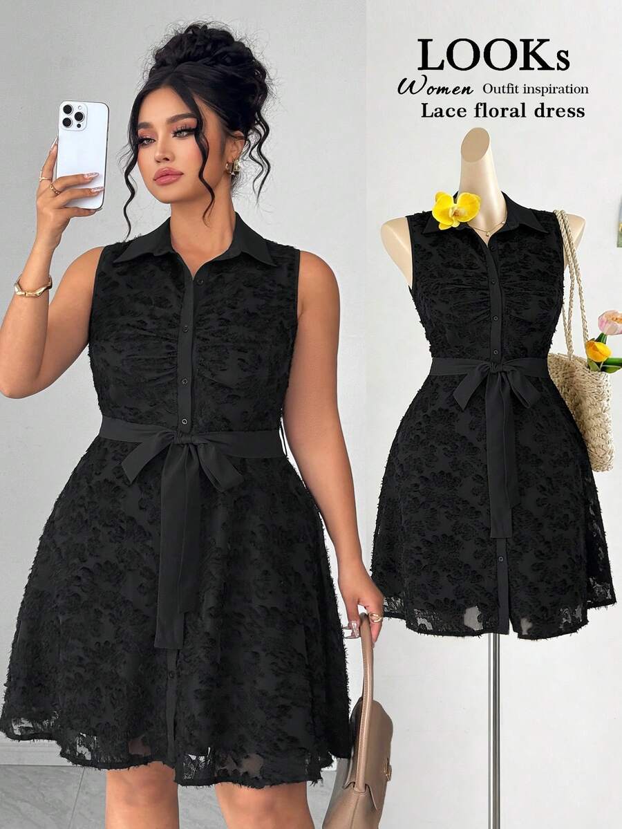 SHEIN Elenzya 优雅夏季女式连衣裙，采用大号梭织面料制成 - 黑色 - 查看 1