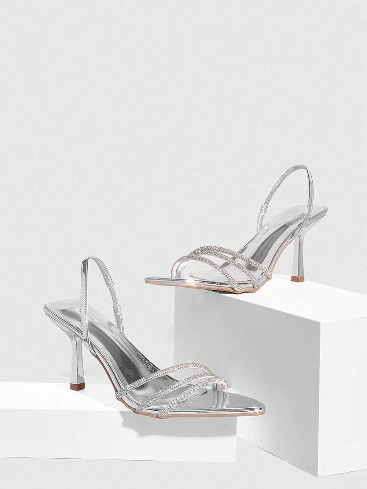 CUCCOO SZL Women Shoes Spring And Summer New Silver Pointed Stiletto Rhinestone Back Strap Women's High Heel Sandals Fashion Comfortable Versatile Sexy Party Women's Sandals