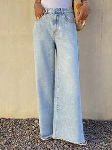 DAZY Women's Regular Mid-Waist Frayed Hem Loose Straight Leg Casual Jeans - Light Wash - View 3