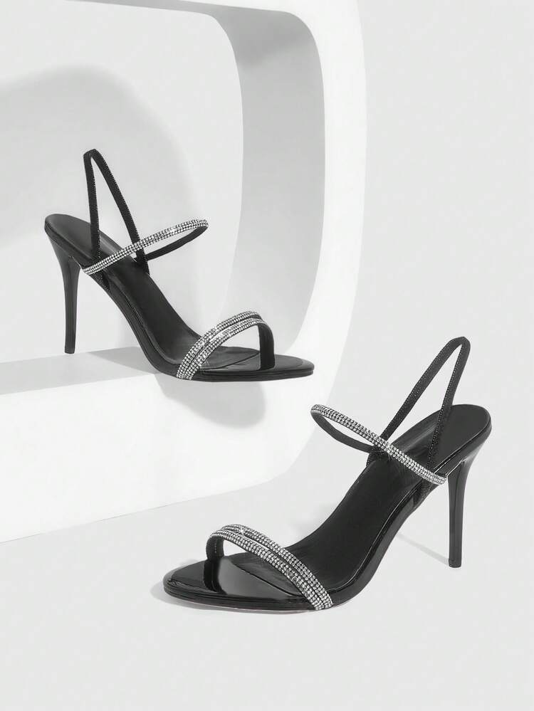CUCCOO SZL Women Shoes Round Toe Stiletto Black Rhinestone Strip Rear Elastic Women's High Heel Sandals Fashion Elegant Sexy Party Banquet Dating Women's High Heel Sandals Women's Shoes