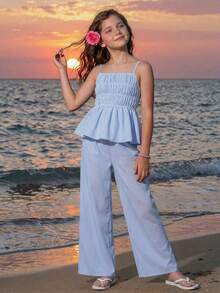 SHEIN 少女休闲无袖荷叶边露脐上衣和裤子套装 - 淺藍色 - 查看 1