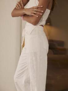 Aralina Women's Low Rise Floral Embroidered Relaxed Wide Leg Pants,Off-White Lightweight Drawstring Waist Summer Boho Beach Outfits Vacation Holiday Clothes - White - View 7