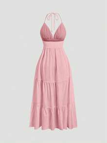 Sweetra Đầm dài xếp ly cổ buộc dây dành cho nữ, thời trang cho các bữa tiệc và dịp đặc biệt. - Hồng - Xem 2