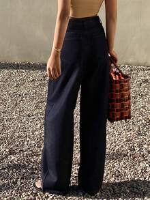 DAZY Women's Solid Color High Waist Casual Loose Versatile Everyday Denim Jeans, Navy Blue Summer Style - Blue - View 2