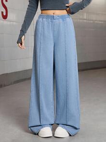 Y2K Washed Light Blue Asymmetric Elastic Waist Loose Straight Leg Jeans,Summer Streetwear Teen Holiday Back-To-School Comfortable Versatile Outings - Light Wash - View 1
