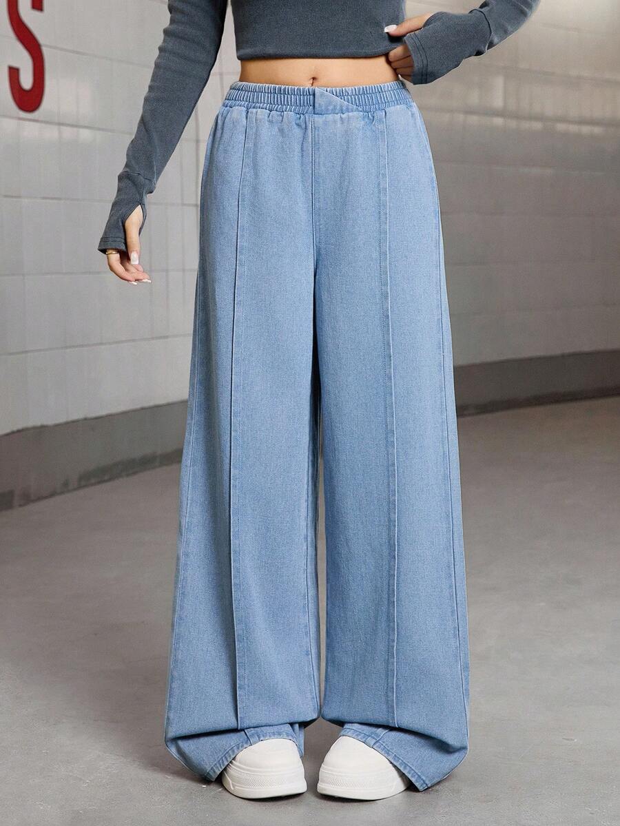 Y2K Washed Light Blue Asymmetric Elastic Waist Loose Straight Leg Jeans,Summer Streetwear Teen Holiday Back-To-School Comfortable Versatile Outings - Light Wash - View 1