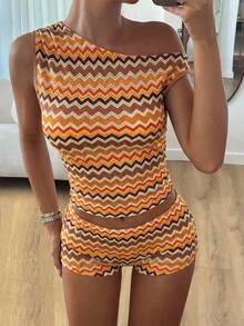 SHEIN EZwear New Summer Music Festival 2pcs/Set Knitted Women Tank Top & Shorts Women Summer Two Piece Sets Orange Two Piece Set Women Women Short Sets Vacation Two Piece Shorts Set - Orange - View 7