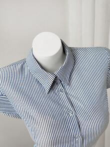Sweetra Plus Size Striped Fashionable Versatile Short Sleeve Fitted Blouse - Blue and White - View 3