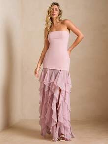 Enchnt 女士优雅纯色荷叶边连衣裙，夏季 - 粉色 - 查看 4