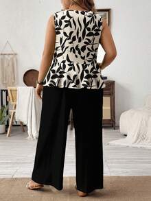 SHEIN LUNE Casual, Simple, And Romantic Floral Print Top + Black Pants Plus Size Women's Two Pieces Set, Perfect For Spring And Summer Vacation. - Multicolor - View 2