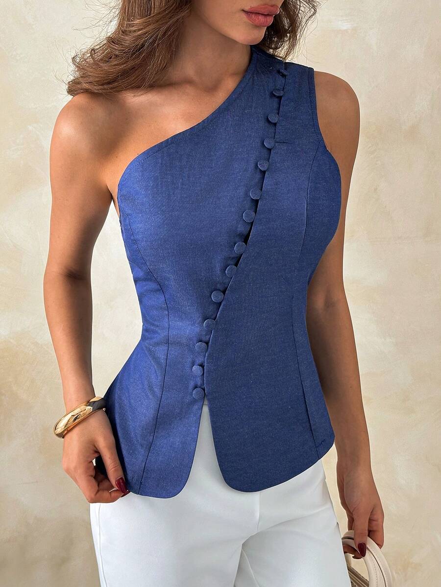 EURMUSE Women Lightweight Denim Look Fashion Vest - Blue - View 1
