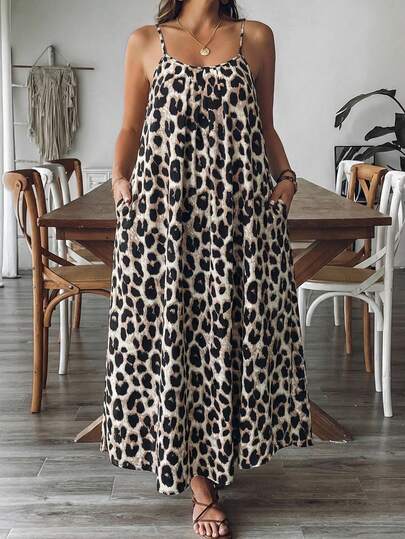 SHEIN VCAY Plus Size Women Leopard Print Casual Party Slip Dress