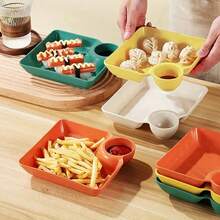 1个/4个可重复使用的方形餐盘，带分隔酱汁设计，适用于盛放饺子、寿司、薯片、甜点和派对食物 - 彩色 - 查看 5