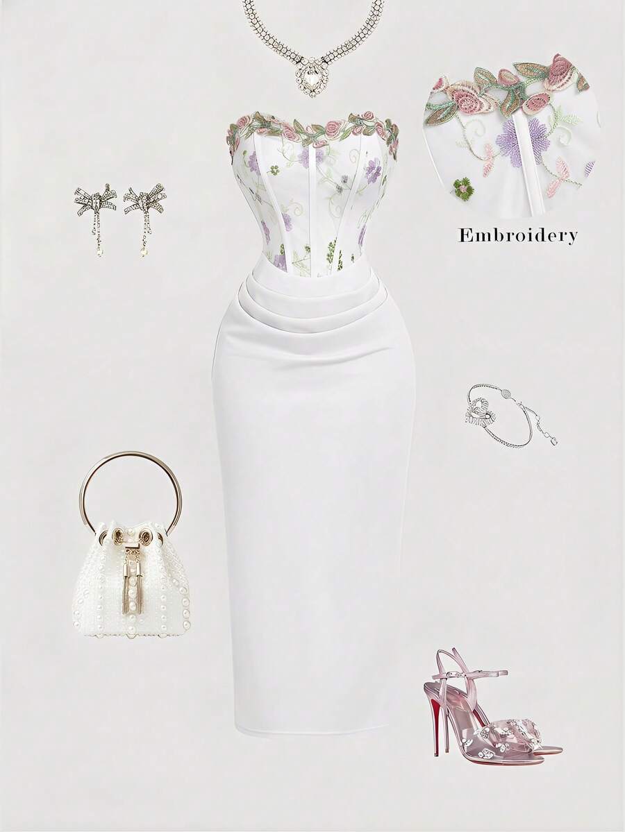 SHEIN MOD 女士花卉刺绣褶皱设计优雅中长连衣裙 - 粉色 - 查看 1