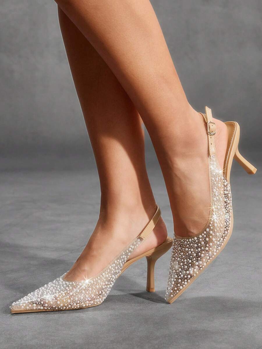 CUCCOO SZL Giày cao gót mũi nhọn đính pha lê thủy tinh trong suốt, quai ngang mắt cá chân, giày cưới dự tiệc tối gót nhọn cho nữ