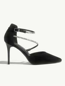 SHEIN X Lucía Bellido CUCCOO CHICEST Woman Shoes Rhinestone Decor Point Toe Stiletto Heeled Ankle Strap Faux Suede Black Shoes For Summer Graduation Heels Prom Heels Vacation Shoes Summer Elegant Heels Back To School Shoes College Student Shoes Spring Shoes Spring Break Easter For Christmas Elegant Shoes Wedding Shoes Spring Shoes Bride Shoes - Black - View 6