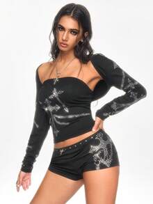 ROMWE Grunge Punk 2 Stücke Gothic Kreuz Strass Dekor Trägerhemd & Weste Set - Schwarz - Übersicht 5