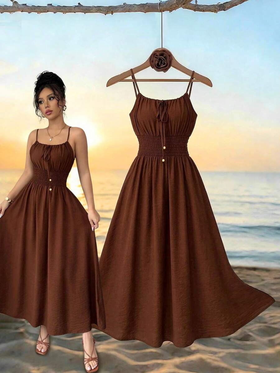 Elenzga Váy suông rộng rãi thoải mái màu cà phê vải lanh thắt nơ phía trước có dây rút ở eo cho nữ, mùa xuân/hè - Cà phê - Xem 1