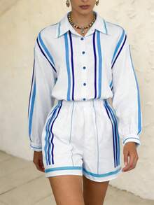 Balvessa Women's Striped Print Loose Shirt + Matching Shorts 2 Pieces Set - Blue and White - View 3
