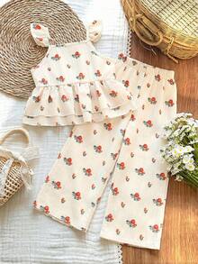 SHEIN Vintaside Kids 女童两件套：复古碎花吊带背心配荷叶边袖子和宽松阔腿裤，休闲度假装，夏季 - 杏色 - 查看 4