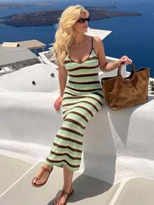Dripcurv Vestito a costine aderente a righe verdi estivo da donna taglie forti, abito estivo, outfit da vacanza, abito da spiaggia, outfit da crociera, abito verde, outfit da vacanza per donna. - Multicolore - Visualizzare 4