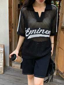 DAZY Women's Casual Colorblock English Text Short Sleeve Knit Top Summer - Black - View 4
