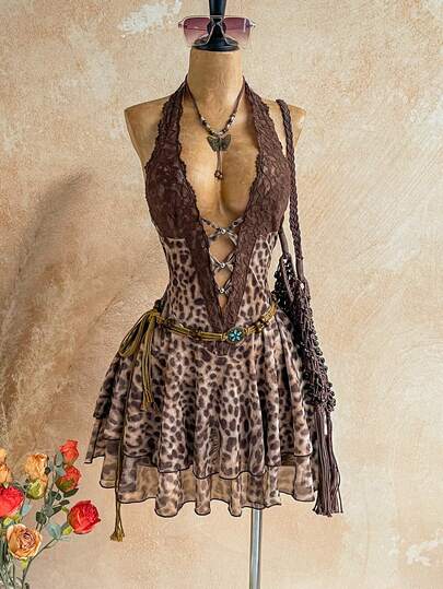 Soleia Women's Sexy Lace Patchwork Leopard Print Backless Mini Halter Dress, Summer