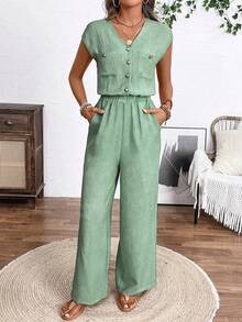 EMERY ROSE Women's Metal Button Half-Placket Wide Leg Casual Jumpsuit - Mint Green - View 3