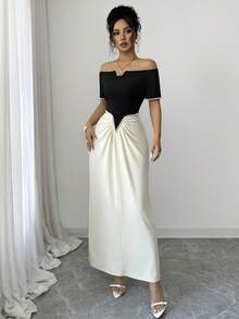 Modelyn Women's Elegant Socialite Style Color Block Short Sleeve Off-Shoulder Pearl Embellished Cinched Waist Long Dress - Black - View 5