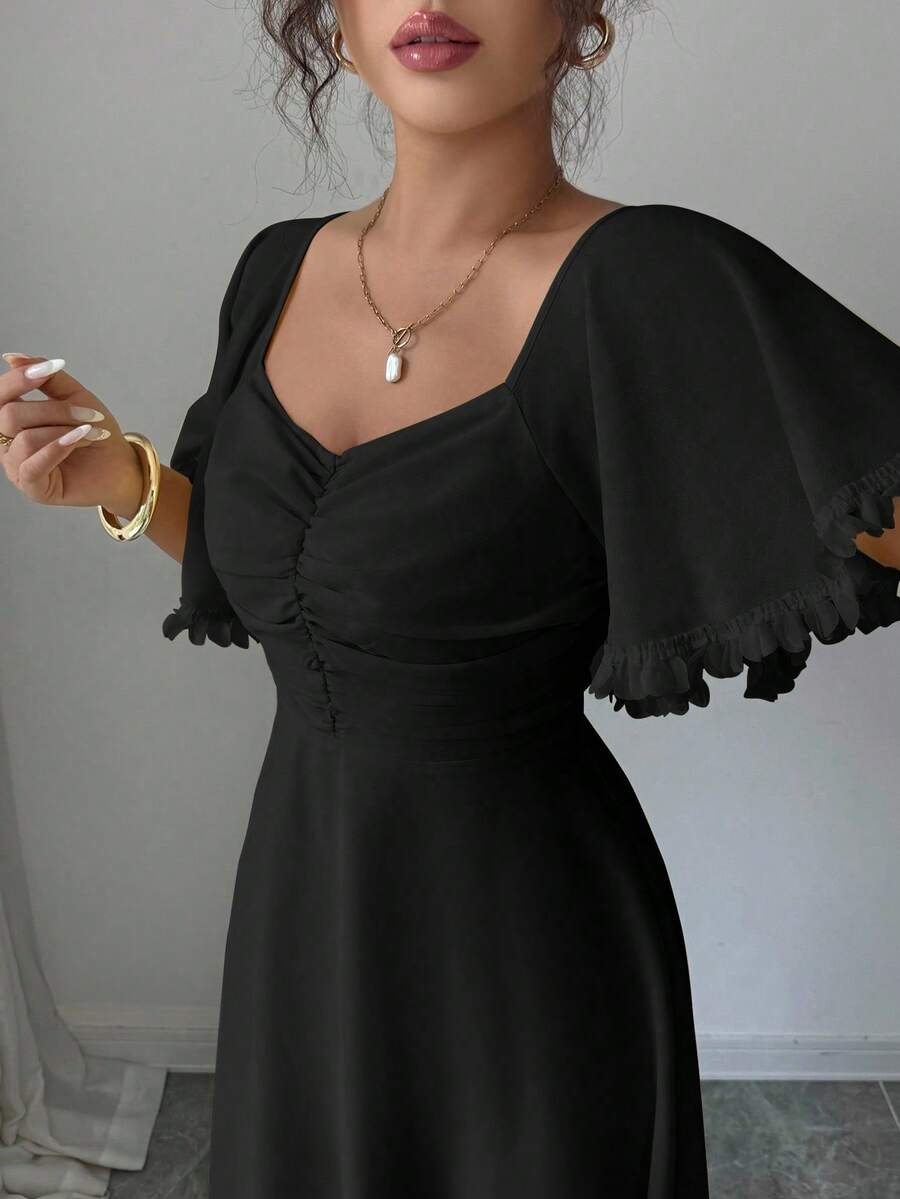 Modelyn Women's Solid Butter Yellow Chiffon Ruffle Sleeve Design Summer French Style Vacation Dress - Black - View 1