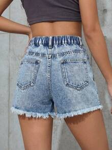 Tween Girl Y2K Spring Summer Break Light Washed Casual High Waist Ripped Raw Hem Baggy Denim Shorts, Summer Boho Beach Concert Rave Festival, Teen Girl Summer Cute Shorts, Summer Boho Holidays ,Spring ,Beach For Girl, Vacation Casual Girl, Valentine's Day,Vintage/Beach/Sea/Elegant Graduation Outfit,Casual Women's Jumpsuit,Summer Holiday Outfits - Light Wash - View 2