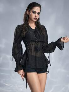 ROMWE Goth 哥特式暗黑宫廷风格透明系带修身女式衬衫 - 黑色 - 查看 5