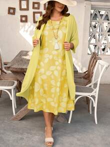 EMERY ROSE Chiffon Mid-Sleeve Jacket & Vintage Floral Print Dress 2-Piece Set, Plus Size Women's Country Style Spring/Summer Outfit - Light Yellow - View 5