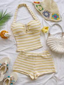 Soleia 女士夏季休闲条纹露背吊带上衣和短裤两件套 - 黃色 - 查看 6