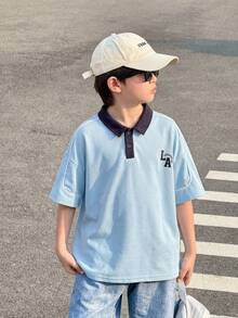 SHEIN Little Byeori 1件儿童/青少年男童休闲校园风撞色POLO领短袖衬衫，适合通勤、上学、日常休闲穿着、运动、春夏穿着 - 淺藍色 - 查看 5