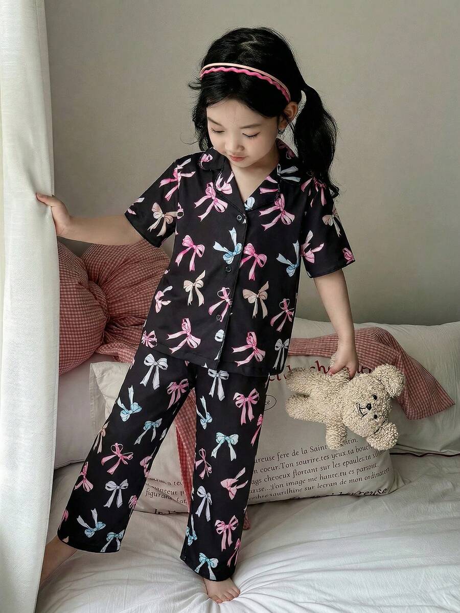 SHEIN Little Byeori 女童简约蝴蝶结条纹图案翻领纽扣短袖宽松舒适梭织睡衣套装,2 件套 - 黑色 - 查看 1