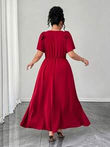 Elenzga Plus Size Women's Summer Elegant Commuter Wine Red Square Neck Bowknot Design Fitted Cinched Waist Long Dress - Burgundy - View 2