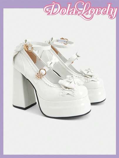 Dola Lovely 女士白色厚底玛丽珍高跟鞋，洛丽塔风格，哥特风格，JK风格