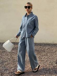 DAZY 女士休闲水洗口袋衬衫和阔腿牛仔裤套装，春秋季 - 中等水洗藍 - 查看 5
