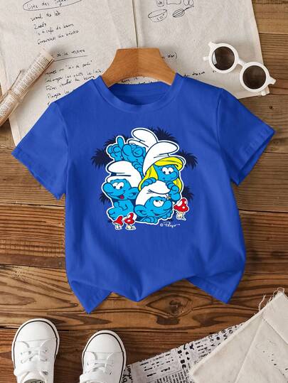 SHEIN X The Smurfs Camiseta de manga corta con estampado de dibujos animados divertidos para niño pequeño, adecuada para uso diario, ir al trabajo, vacaciones