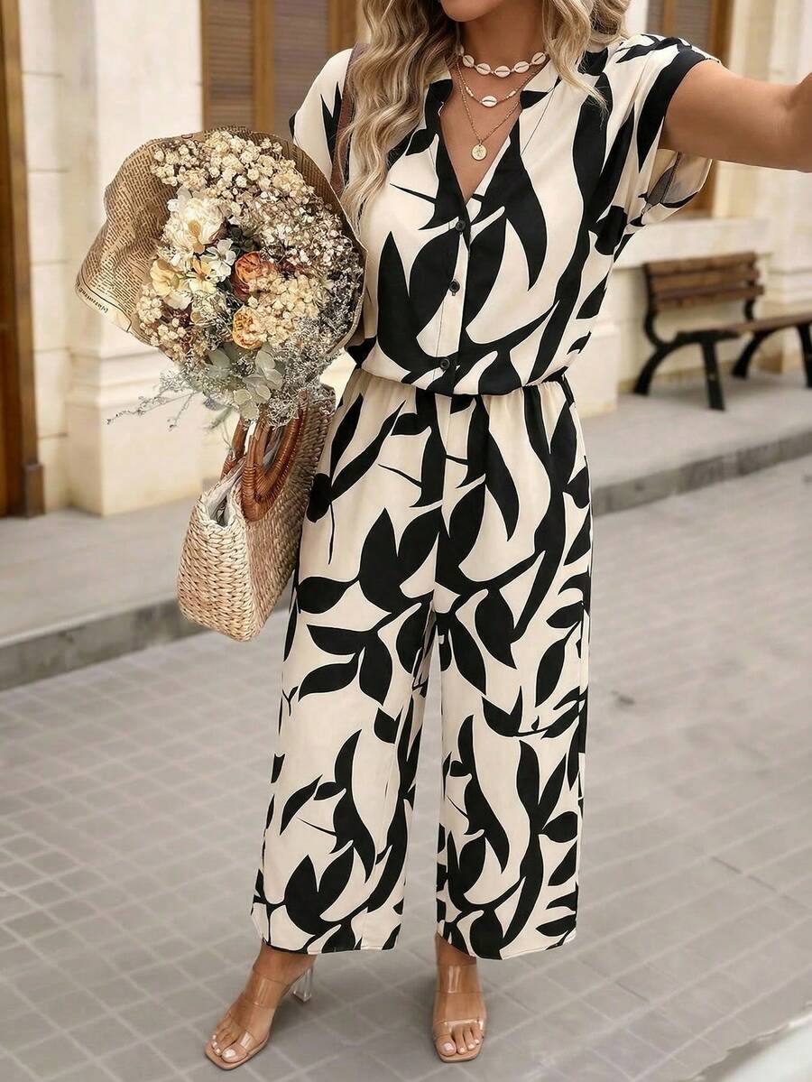 Brillora 女士休闲优雅浪漫度假风印花连体裤，带口袋，春夏款 - 黑與白 - 查看 1